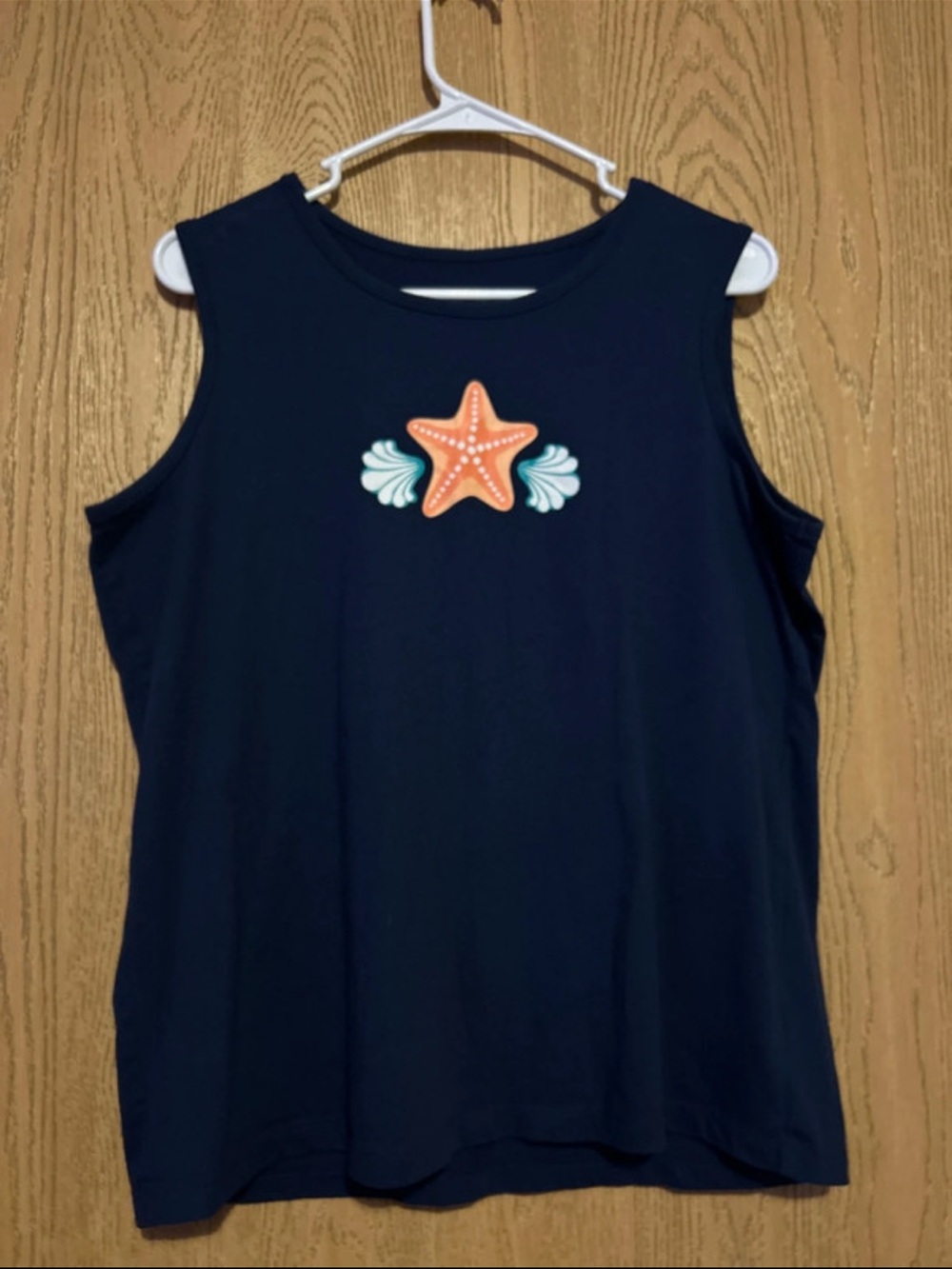 Blair Navy Tank Top with Orange Starfish and Teal Shells